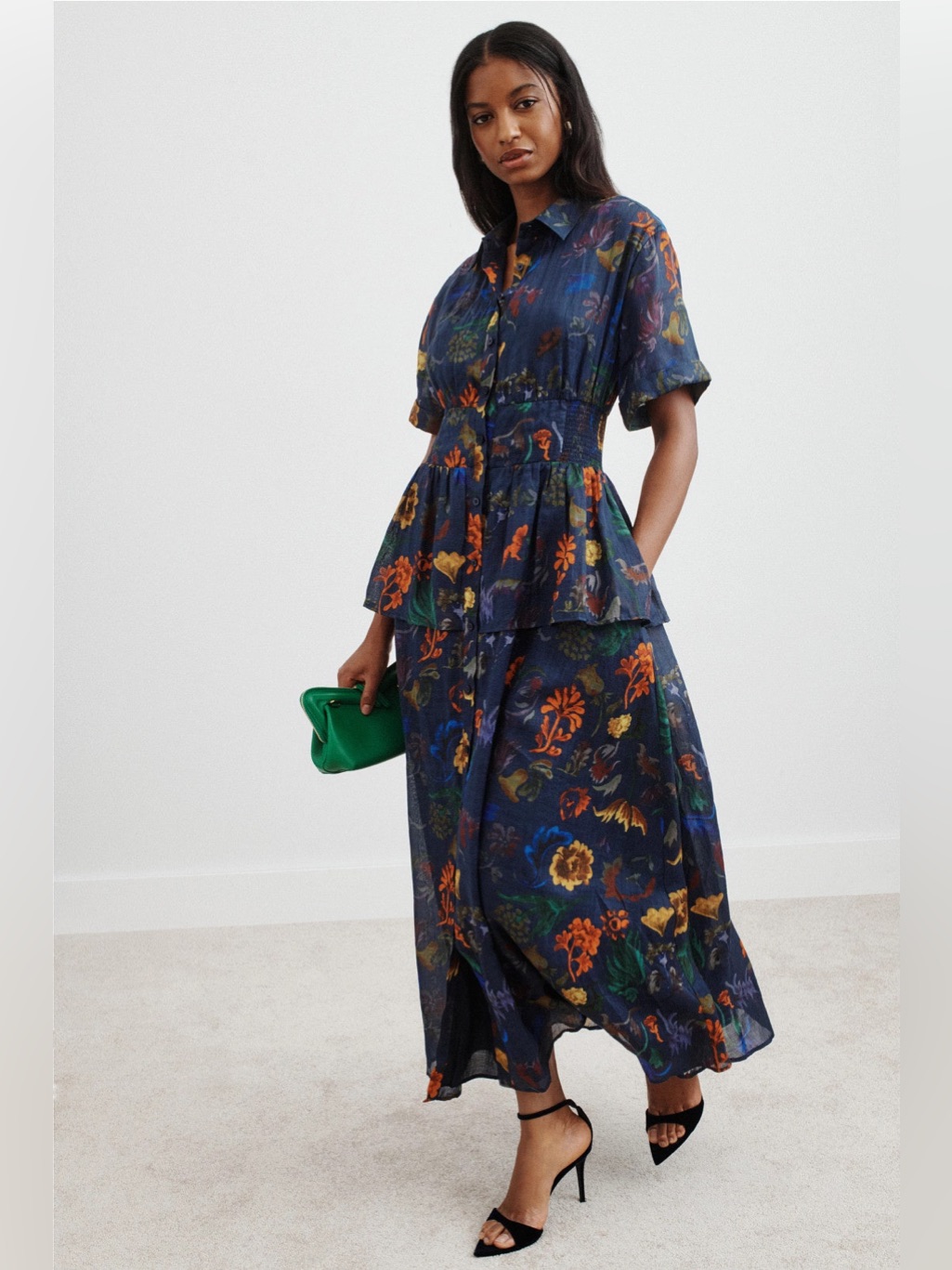Rosie Assoulin Navy Floral Tiered Maxi Dress With Orange & Green Accents